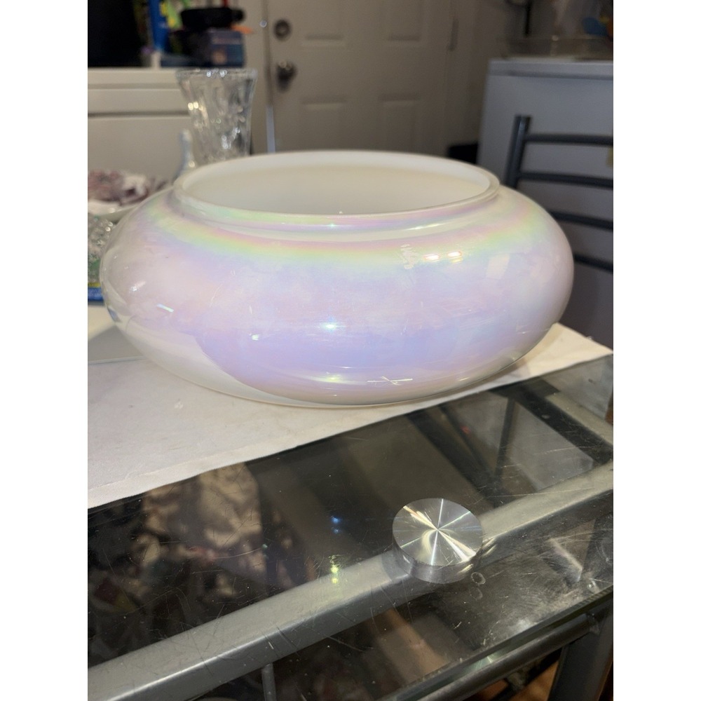 Vintage Cambridge Glass Iridescent Opalescent Hand Blown White Bowl 10" Sticker